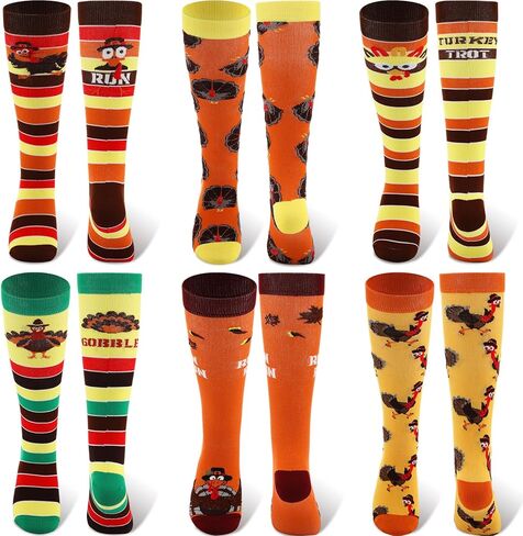 Xtinmee 36 Pairs Turkey Socks Turkey Trot Thanksgiving Running Socks Holiday Knee High Socks with Stripes Running Turkey Socks for Women Men Funny Holiday Turkey Costume in Saudi Arabia
