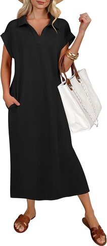 ANRABESS Womens Summer Casual Midi Dresses Short Sleeve Polo V Neck Loose Split Wrinkle-Free Beach Travel Vacation Maxi Dress in Saudi Arabia
