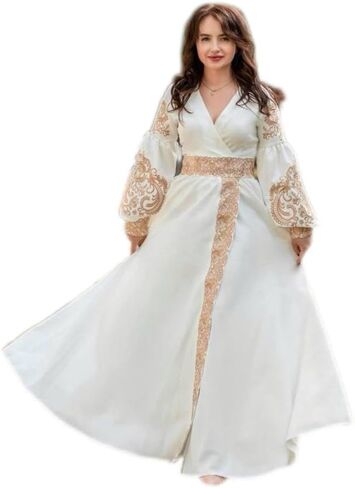 White embroidered dress//ancient gentle gold embroidery//Ukrainian elegant dress//a delicate dress//prom dress//Wedding Dress in Saudi Arabia