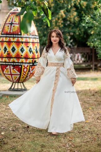 White embroidered dress//ancient gentle gold embroidery//Ukrainian elegant dress//a delicate dress//prom dress//Wedding Dress in Saudi Arabia