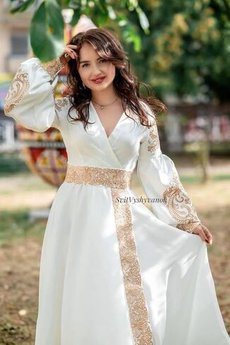 White embroidered dress//ancient gentle gold embroidery//Ukrainian elegant dress//a delicate dress//prom dress//Wedding Dress in Saudi Arabia