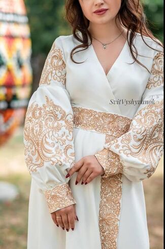 White embroidered dress//ancient gentle gold embroidery//Ukrainian elegant dress//a delicate dress//prom dress//Wedding Dress in Saudi Arabia