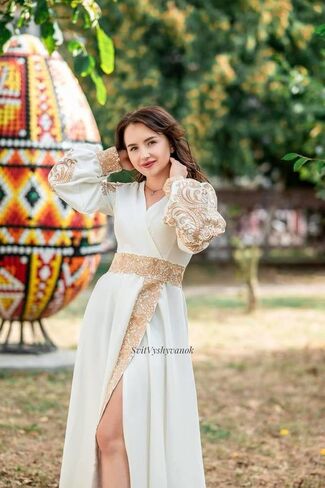 White embroidered dress//ancient gentle gold embroidery//Ukrainian elegant dress//a delicate dress//prom dress//Wedding Dress in Saudi Arabia