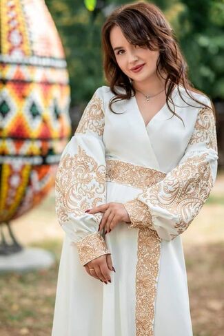 White embroidered dress//ancient gentle gold embroidery//Ukrainian elegant dress//a delicate dress//prom dress//Wedding Dress in Saudi Arabia