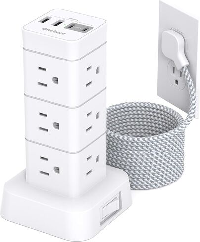 Tower Surge Protector Power Strip 10 ft,Long Flat Extension Cord with Multiple Outlets, 8 AC Outlets with 4 USB Ports, Desktop Charging Station for Multiple Devices, for Home Office College Dorm in Saudi Arabia