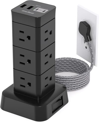 Tower Surge Protector Power Strip 10 ft,Long Flat Extension Cord with Multiple Outlets, 8 AC Outlets with 4 USB Ports, Desktop Charging Station for Multiple Devices, for Home Office College Dorm in Saudi Arabia