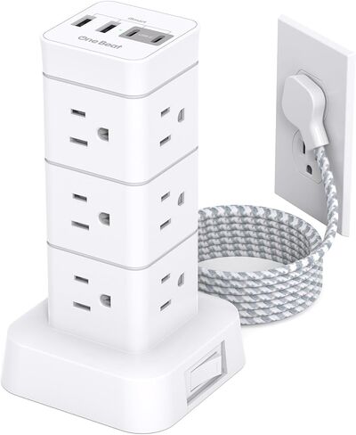 Tower Surge Protector Power Strip 10 ft,Long Flat Extension Cord with Multiple Outlets, 8 AC Outlets with 4 USB Ports, Desktop Charging Station for Multiple Devices, for Home Office College Dorm in Saudi Arabia