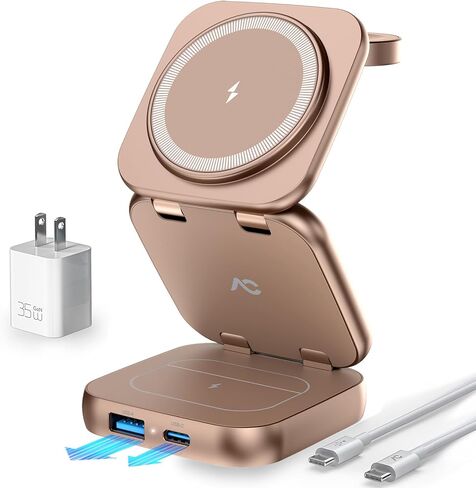 الشاحن اللاسلكي لـ Magsafe ، AC Island 5-in-1 Staring Stark ، محطة مغناطيسية سريعة مكونة من 15 واط ، قابلة للطي لسلسلة iPhone 16/15/14/13 ، Apple Watch ، AirPods (مع محول 35W) in Kuwait