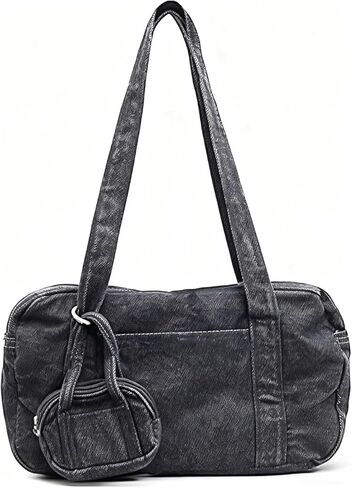 Bowler Bag Slouchy Denim Hobo Tote Bowling Bag Purse with Mini Coin Pouch Washed Jean Vintage Boston Handbag for Women in Saudi Arabia