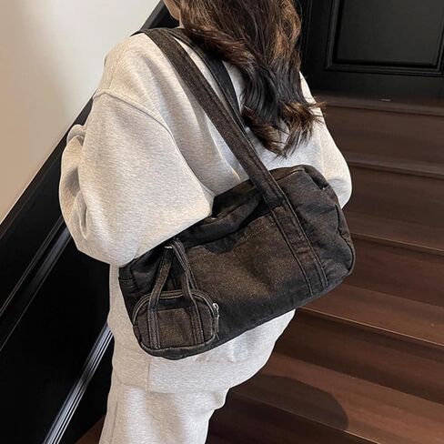 Bowler Bag Slouchy Denim Hobo Tote Bowling Bag Purse with Mini Coin Pouch Washed Jean Vintage Boston Handbag for Women in Saudi Arabia