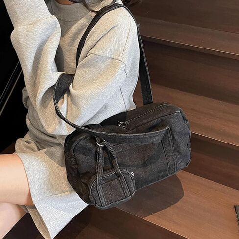 Bowler Bag Slouchy Denim Hobo Tote Bowling Bag Purse with Mini Coin Pouch Washed Jean Vintage Boston Handbag for Women in Saudi Arabia