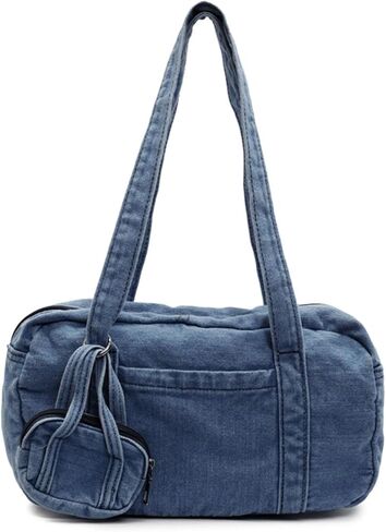 Bowler Bag Slouchy Denim Hobo Tote Bowling Bag Purse with Mini Coin Pouch Washed Jean Vintage Boston Handbag for Women in Saudi Arabia