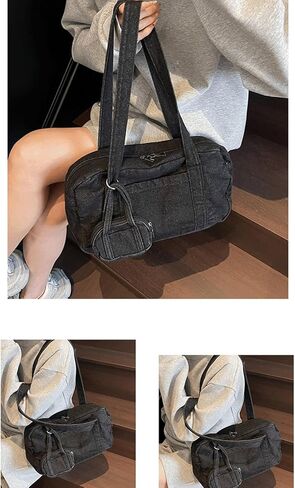 Bowler Bag Slouchy Denim Hobo Tote Bowling Bag Purse with Mini Coin Pouch Washed Jean Vintage Boston Handbag for Women in Saudi Arabia