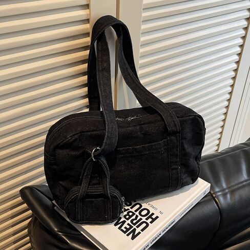 Bowler Bag Slouchy Denim Hobo Tote Bowling Bag Purse with Mini Coin Pouch Washed Jean Vintage Boston Handbag for Women in Saudi Arabia