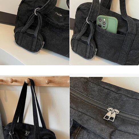 Bowler Bag Slouchy Denim Hobo Tote Bowling Bag Purse with Mini Coin Pouch Washed Jean Vintage Boston Handbag for Women in Saudi Arabia