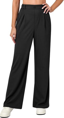 سراويل واسعة الساق للنساء، سراويل كاجوال قابلة للتمدد عالية الخصر، سراويل عمل وافل سلاكس in Kuwait