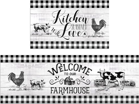 Farmhouse Kitchen Rugs Set of 2 Non Slip Thick Kitchen Mats for Floor Comfort Standing Mats for Kitchen, Office, Farmhouse Cow Rooster Kitchen Decor, 17"x47"+17"x28" in Saudi Arabia