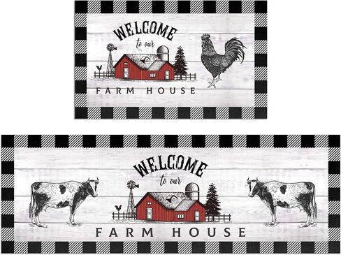 Farmhouse Kitchen Rugs Set of 2 Non Slip Thick Kitchen Mats for Floor Comfort Standing Mats for Kitchen, Office, Farmhouse Cow Rooster Kitchen Decor, 17"x47"+17"x28" in Saudi Arabia