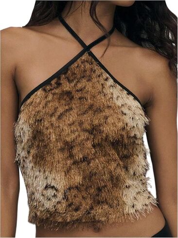 SweatyRocks Women's Fuzzy Faux Fur Halter Tops Open Back Y2k Going Out Crop Top Clubwear in Saudi Arabia
