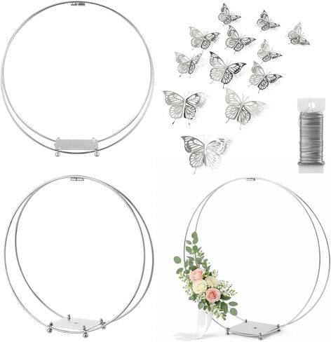 3 عبوات معدنية مزدوجة من الزهور مقاس 35.56 سم مع حامل وسلك مجداف بطول 38 ياردة، ديكورات طاولة مركزية للزفاف/المعمودية/الحفلة/القطعة المركزية DIY ديكور طاولة بحلقة معدنية، فضي in Kuwait