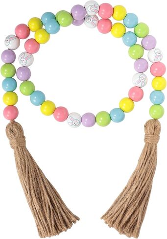Easter Wood Bead Garland, Spring Bead Garland Decoration with Jute Rope Plaid Tassel Farmhouse Rustic Garlands for Tiered Tray Decor Easter Party Holiday Wall Hanging Basket Pink Rabbit Tag Décor, 18" in Saudi Arabia