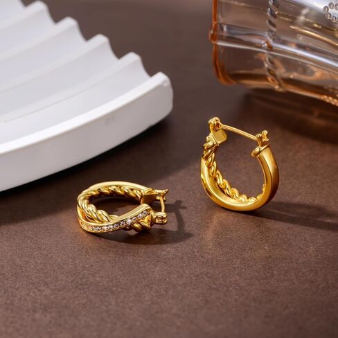 14K الذهب هوب أقراط 14K أقراط الذهب للنساء سميكة صغيرة الماس هوب القرط X على شكل الأطواق الملتوية قرط ذهبي للنساء 20 مللي متر in Kuwait