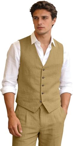 Men's Linen Suits 2 Piece Slim Fit Suit Prom Beach Wedding Groomsman Vest Pants Set Casual Summer Linen Outfit in Saudi Arabia