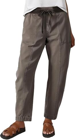 Flamingals Women’s Mid Waist Crop Pants Drawstring Carrot Straight Leg Casual Fashion Trendy Stitch Detail Pants in Kuwait