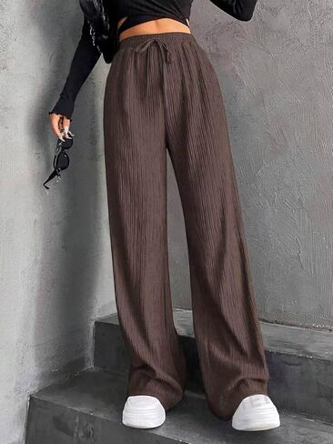 Women's Solid Color Wide Leg Pants Elastic Waist Textured Straight Casual Leg Pants in Saudi Arabia
