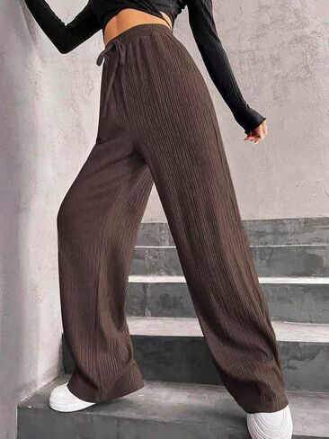 Women's Solid Color Wide Leg Pants Elastic Waist Textured Straight Casual Leg Pants in Saudi Arabia
