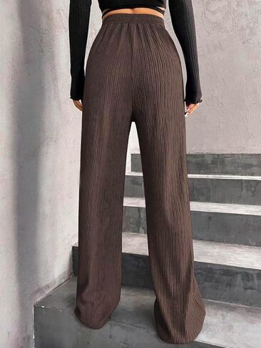 Women's Solid Color Wide Leg Pants Elastic Waist Textured Straight Casual Leg Pants in Saudi Arabia