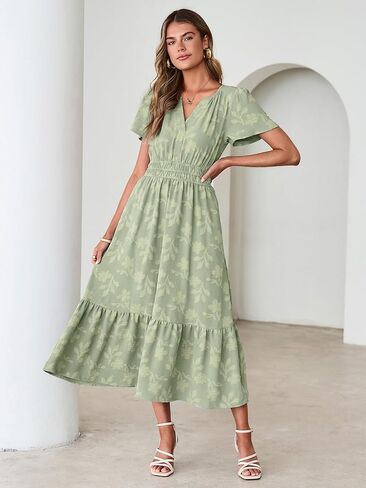 Simplee Womens Summer Boho Maxi Dress Semi Formal Wedding Guest Short Sleeve V Neck Empire Waist Floral Long Dresses in Saudi Arabia