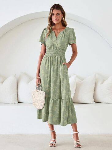 Simplee Womens Summer Boho Maxi Dress Semi Formal Wedding Guest Short Sleeve V Neck Empire Waist Floral Long Dresses in Saudi Arabia
