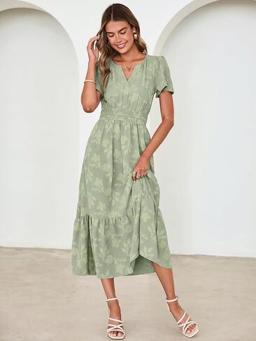 Simplee Womens Summer Boho Maxi Dress Semi Formal Wedding Guest Short Sleeve V Neck Empire Waist Floral Long Dresses in Saudi Arabia