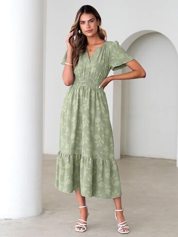 Simplee Womens Summer Boho Maxi Dress Semi Formal Wedding Guest Short Sleeve V Neck Empire Waist Floral Long Dresses in Saudi Arabia