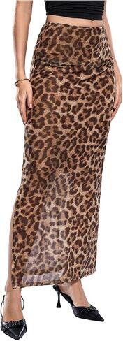 WDIRARA Women's Leopard Print Mesh Skirt Ruched Split Thigh Low Waist Maxi Skirts in Saudi Arabia