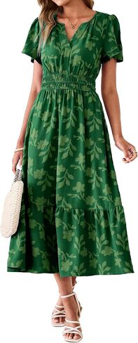 Simplee Womens Summer Boho Maxi Dress Semi Formal Wedding Guest Short Sleeve V Neck Empire Waist Floral Long Dresses in Saudi Arabia