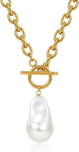 Chunky Gold Necklace for Women, Baroque Pearl Necklace - A Stunning Pearl Gold Necklace with 18K Gold Plated Toggle Clasp, Dainty Toggle Necklace for Birthday Anniversary Christmas Gif in Saudi Arabia