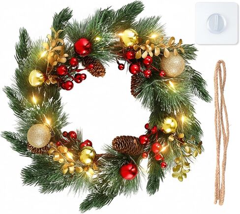 DomeStar 24 Inch Christmas Wreath with Lights, Large Outdoor Waterproof Christmas Wreath with Pine Cones Berry Clusters Frosted Branches for Party Home Porch Walls Decor in Saudi Arabia