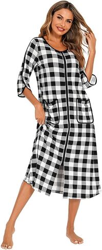 Plaid Print Robes for Women 2024 Fall Winter Classic Bathrobe with Pocket Round Neck 3/4 Sleeve Comfy Soft Nightwear in Saudi Arabia