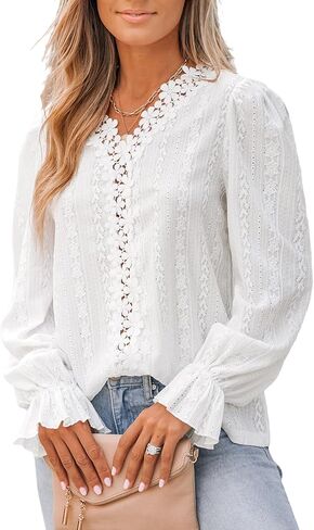CUPSHE Women Floral Lace Blouses Trumpet Sleeve Dressy Tops Long Sleeves V Neck Shirts in Saudi Arabia