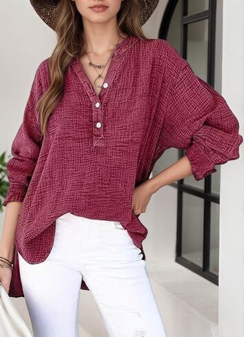 Women's Casual Long Sleeve Shirt, V-Neck Button Down Oversized Blouse with Wrinkle Detail and Pocket in Soft Cotton in Saudi Arabia