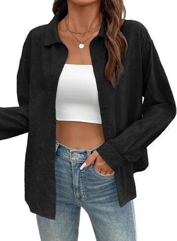 Dokotoo Womens Summer Tops Casual Button Down Long Sleeve Shirts for Women Loose Soft Cotton Hollow Out Blouses in Saudi Arabia