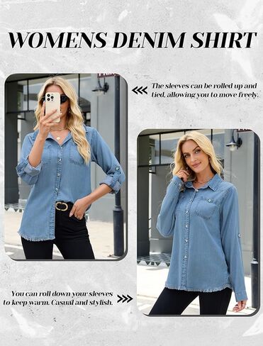 Denim Button Down Shirt Women Casual Long Sleeve Jean Collared Chambray Shirt Blouse Tops with Pockets in Saudi Arabia
