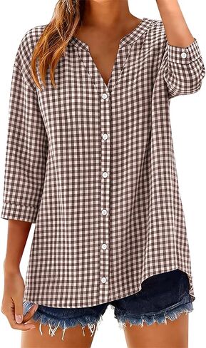 LOMON Cotton 3/4 Sleeve Button Down Shirts for Women Gingham Plaid Striped Tops V Neck Casual Loose Blouse in Saudi Arabia