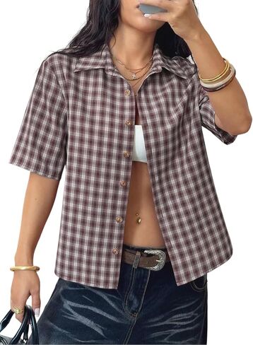 Women's Cropped Plaid Shirt Y2K Short Sleeve Button Up Top Vintage Streetwear in Saudi Arabia