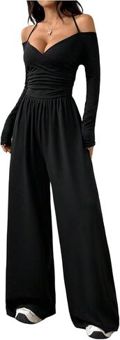 SOLY HUX Women's Wide Leg Jumpsuit Halter Off the Shoulder Long Sleeve Ruched Baggy Pants Romper in Saudi Arabia