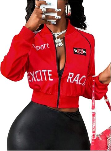 Milumia Women's Letter Graphic Zip Up Cropped Jacket Long Sleeve Color Block Motorcycle Jackets in Saudi Arabia