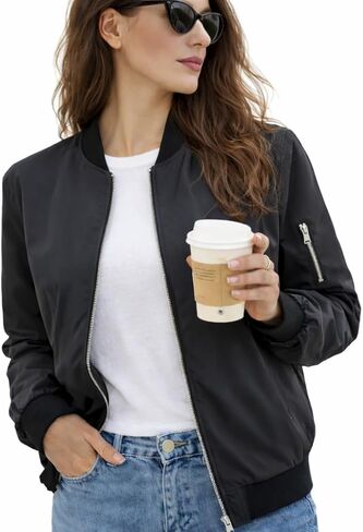 Women's Bomber Jacket Casual Zip Up Lightweight Windbreaker Coat with Pockets, Solid Color, S-XXL in Saudi Arabia