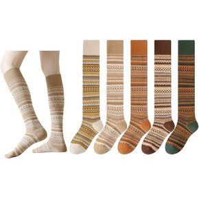 5 Pairs Women Retro Calf Socks - Slouch Over The Calf Classic Knit Color Block Warm for Casual Daily Wear in Saudi Arabia